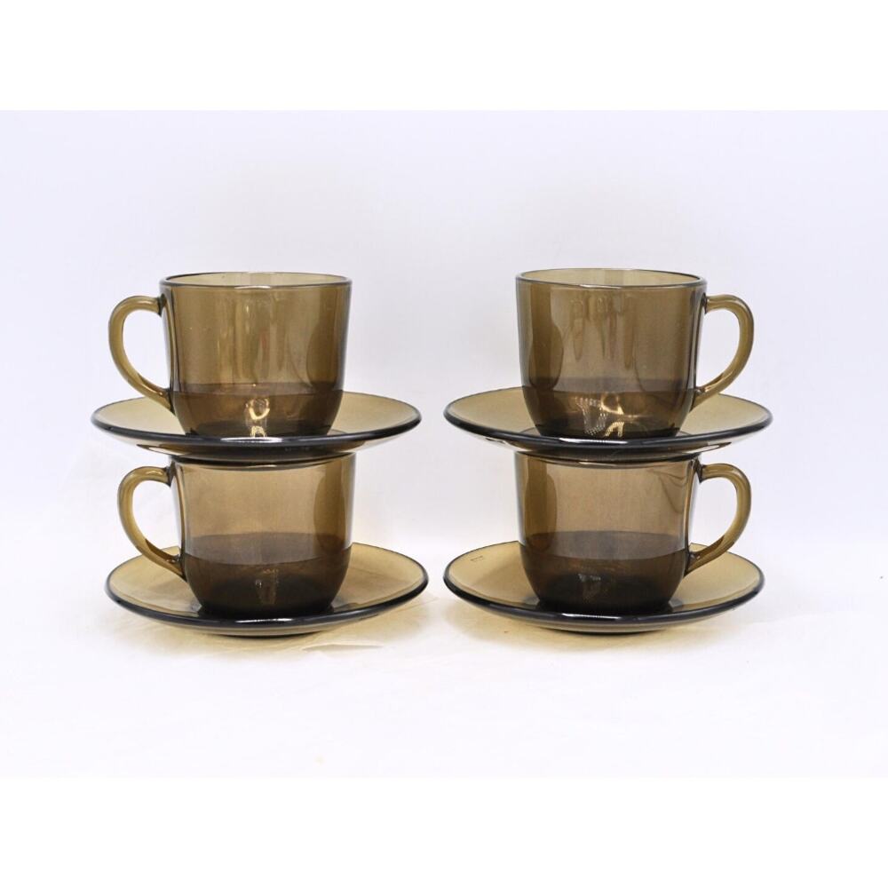 Vintage MCM 60s Dishes Set of 4 Vereco france Smokey Glass Cup And Saucer